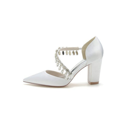 Pointed Toe Rhinestone Tassel Strappy Chunky Heels