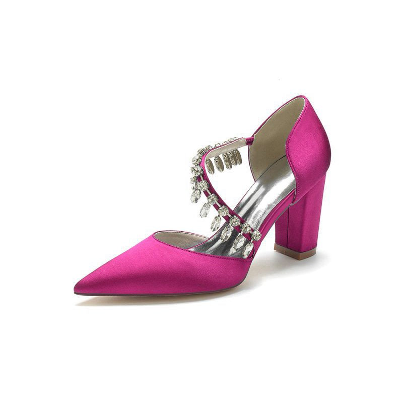 Pointed Toe Rhinestone Tassel Strappy Chunky Heels