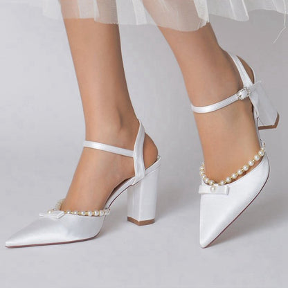 Pearl Pointed Toe Ankle Strap Chunky Heels With Bow