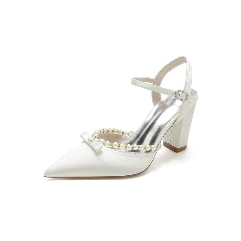Pearl Pointed Toe Ankle Strap Chunky Heels With Bow