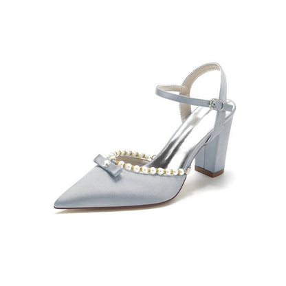 Pearl Pointed Toe Ankle Strap Chunky Heels With Bow