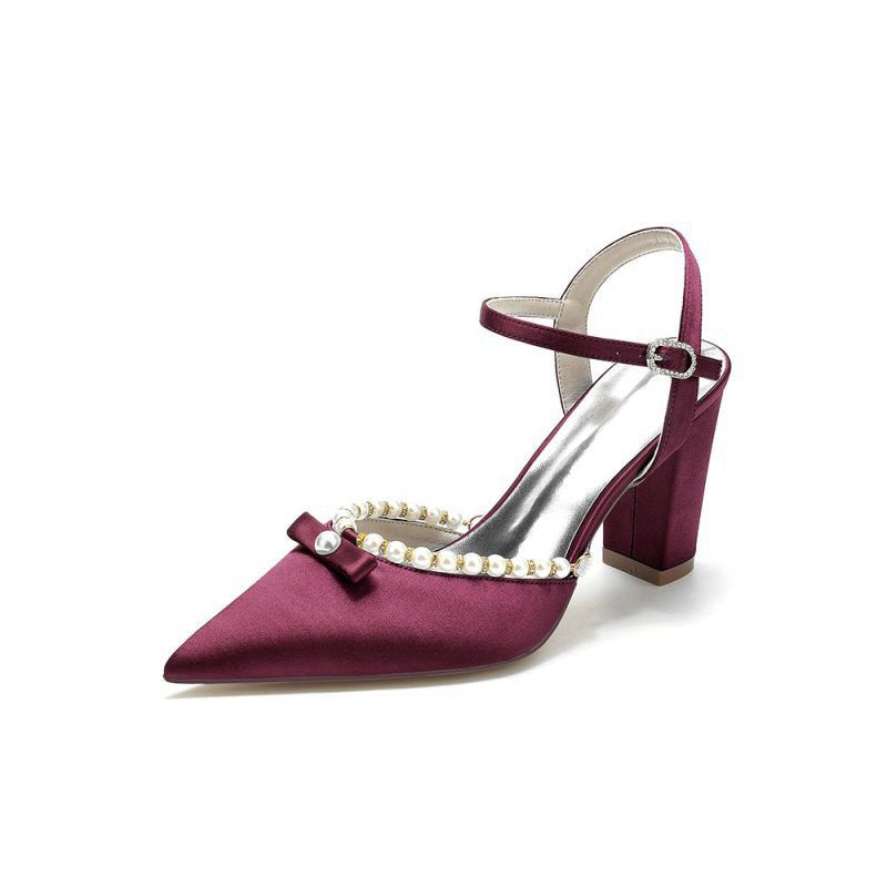 Pearl Pointed Toe Ankle Strap Chunky Heels With Bow