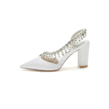 Pointed Toe Beaded Slip-on Satin Chunky Heels