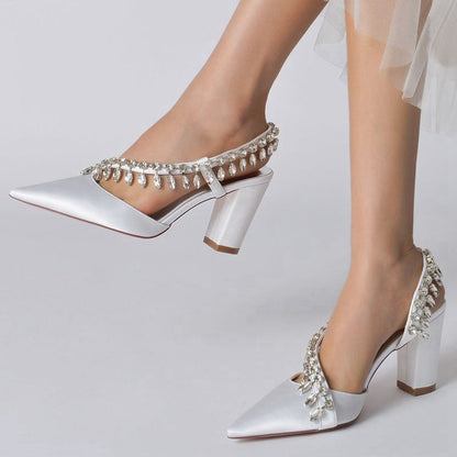 Pointed Toe Beaded Slip-on Satin Chunky Heels