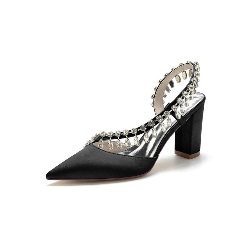 Pointed Toe Beaded Slip-on Satin Chunky Heels