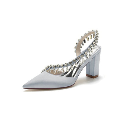 Pointed Toe Beaded Slip-on Satin Chunky Heels