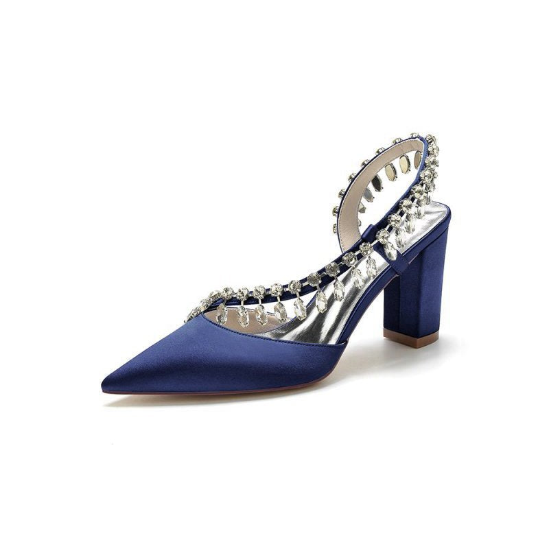 Pointed Toe Beaded Slip-on Satin Chunky Heels