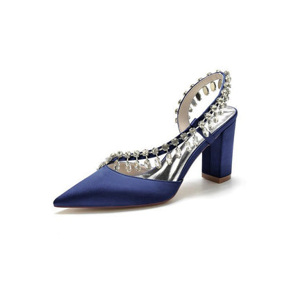 Pointed Toe Beaded Slip-on Satin Chunky Heels