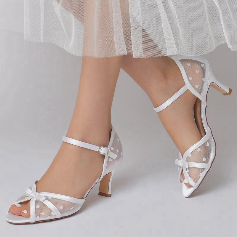 Peep Toe Mesh Strap Buckle Stiletto Heels With Bow