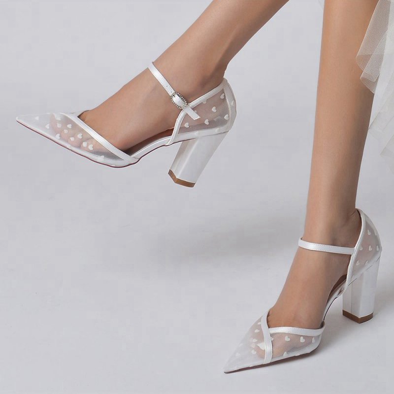 Pointed Toe Mesh Strap Buckle Chunky Heels