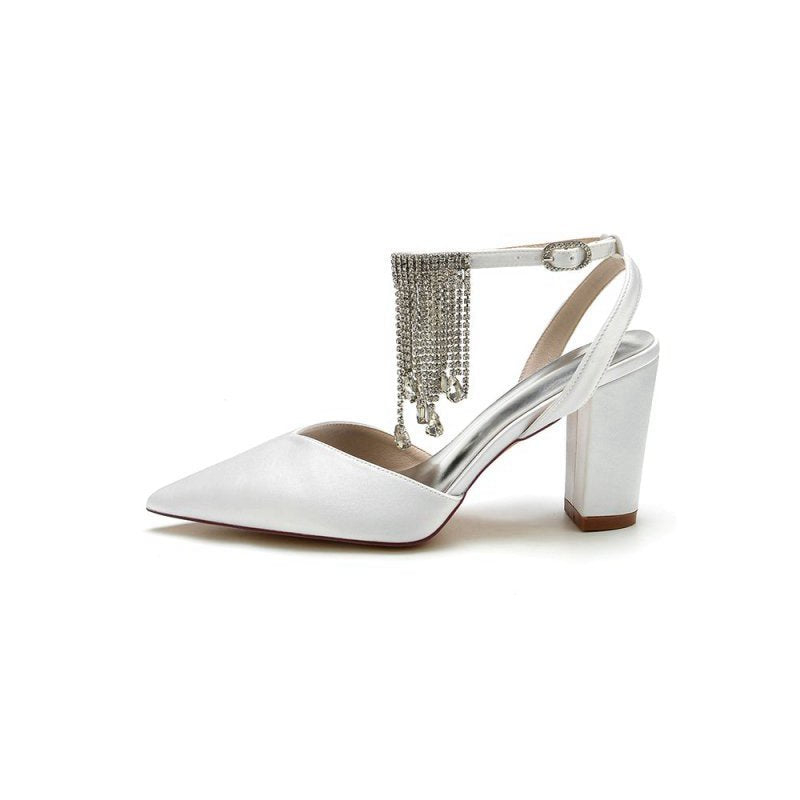 Pointed Toe Beading Tassel Satin Chunky Heels