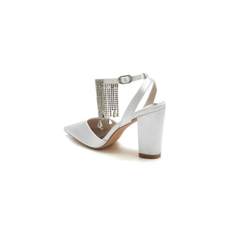 Pointed Toe Beading Tassel Satin Chunky Heels