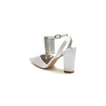 Pointed Toe Beading Tassel Satin Chunky Heels