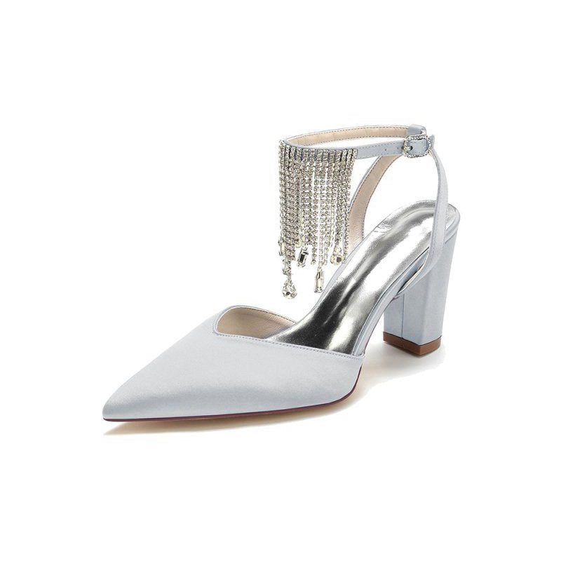 Pointed Toe Beading Tassel Satin Chunky Heels