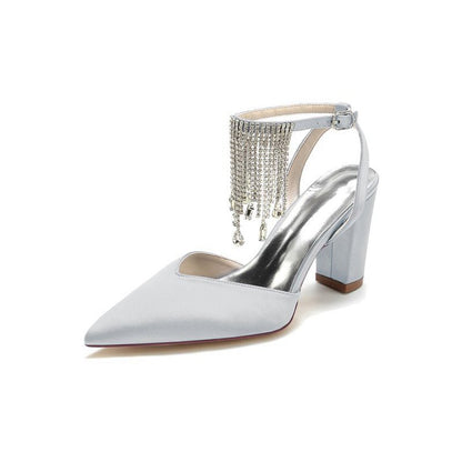 Pointed Toe Beading Tassel Satin Chunky Heels