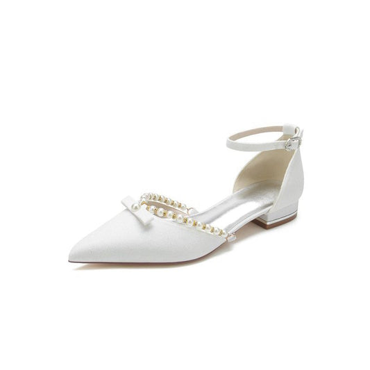 Glitter Pointed Toe Pearl Ankle Strap Low Heels With Bow