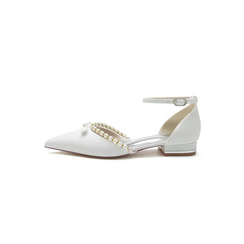 Glitter Pointed Toe Pearl Ankle Strap Low Heels With Bow