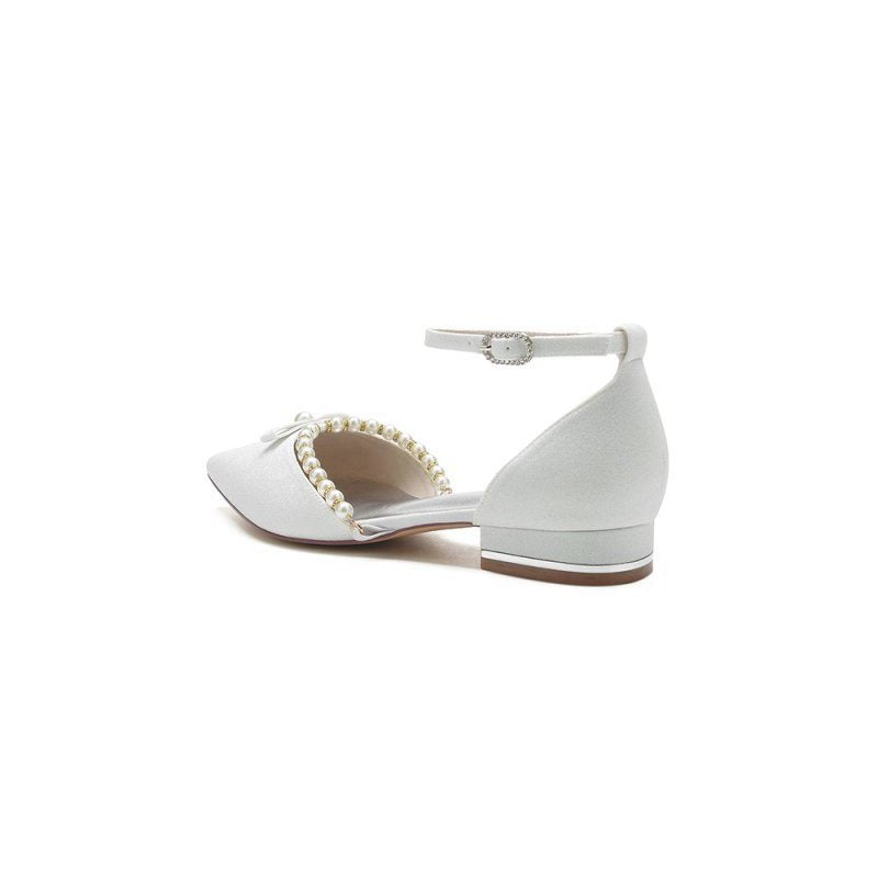 Glitter Pointed Toe Pearl Ankle Strap Low Heels With Bow
