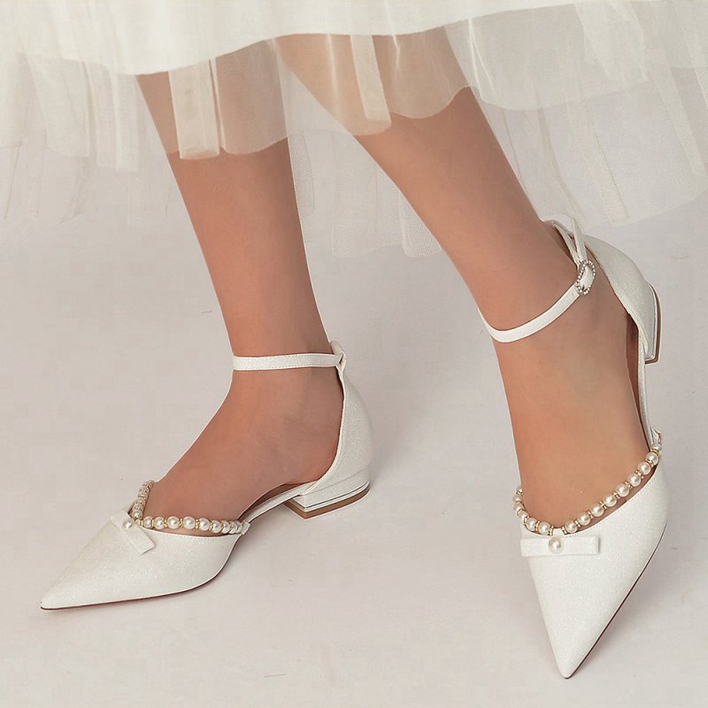 Glitter Pointed Toe Pearl Ankle Strap Low Heels With Bow