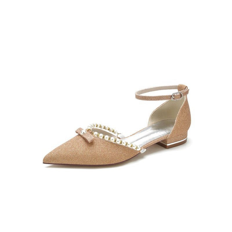 Glitter Pointed Toe Pearl Ankle Strap Low Heels With Bow
