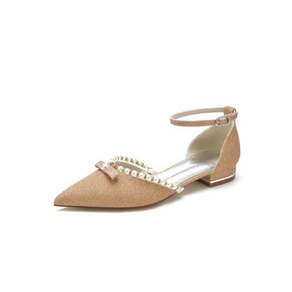 Glitter Pointed Toe Pearl Ankle Strap Low Heels With Bow