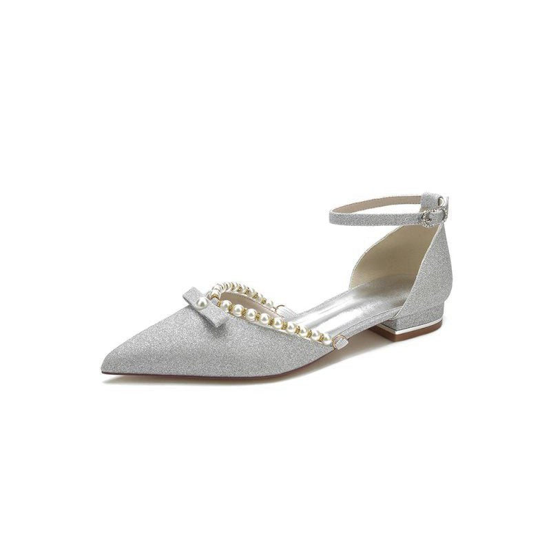Glitter Pointed Toe Pearl Ankle Strap Low Heels With Bow