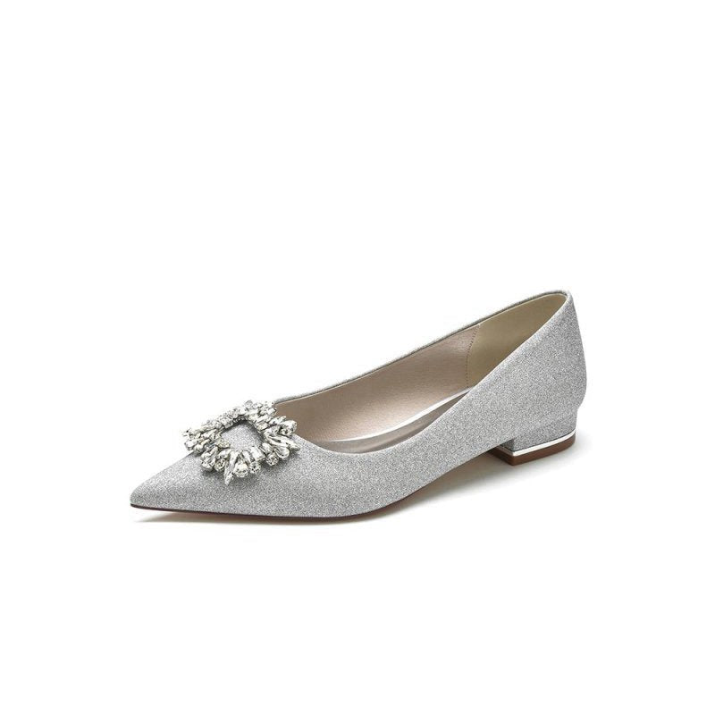Pointed Toe Glitter Wedding Low Heels With Rhinestone