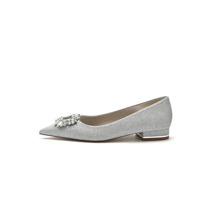Pointed Toe Glitter Wedding Low Heels With Rhinestone