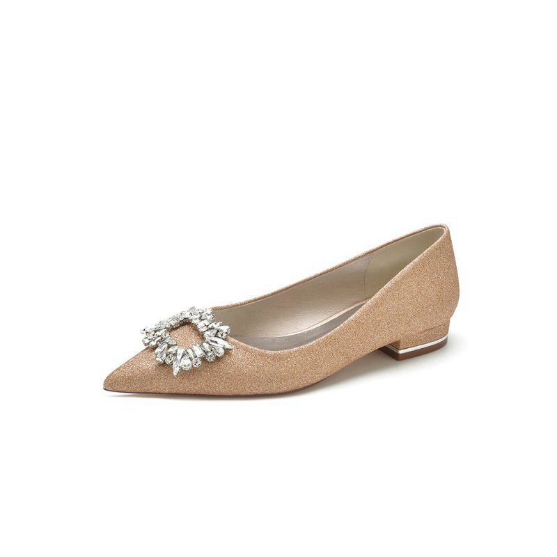 Pointed Toe Glitter Wedding Low Heels With Rhinestone