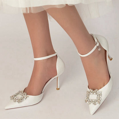 Pointed Toe Ankle Strap Stiletto Heels With Rhinestone