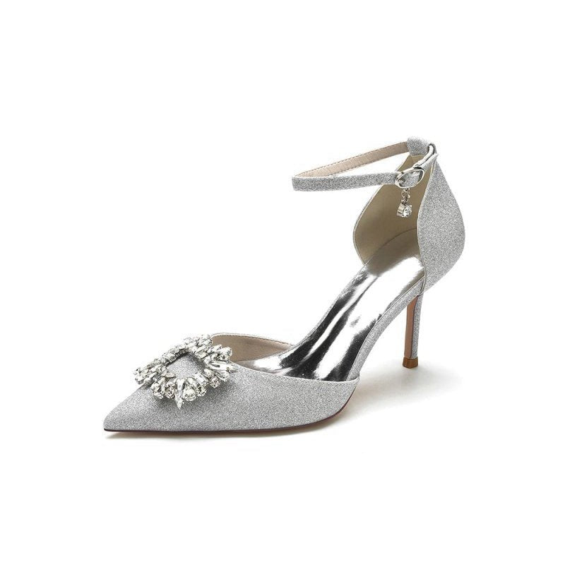 Pointed Toe Ankle Strap Stiletto Heels With Rhinestone