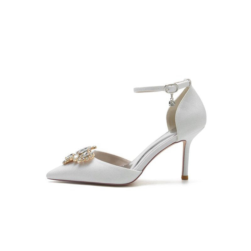 Pointed Toe Glitter Ankle Strap Rhinestone High Heels