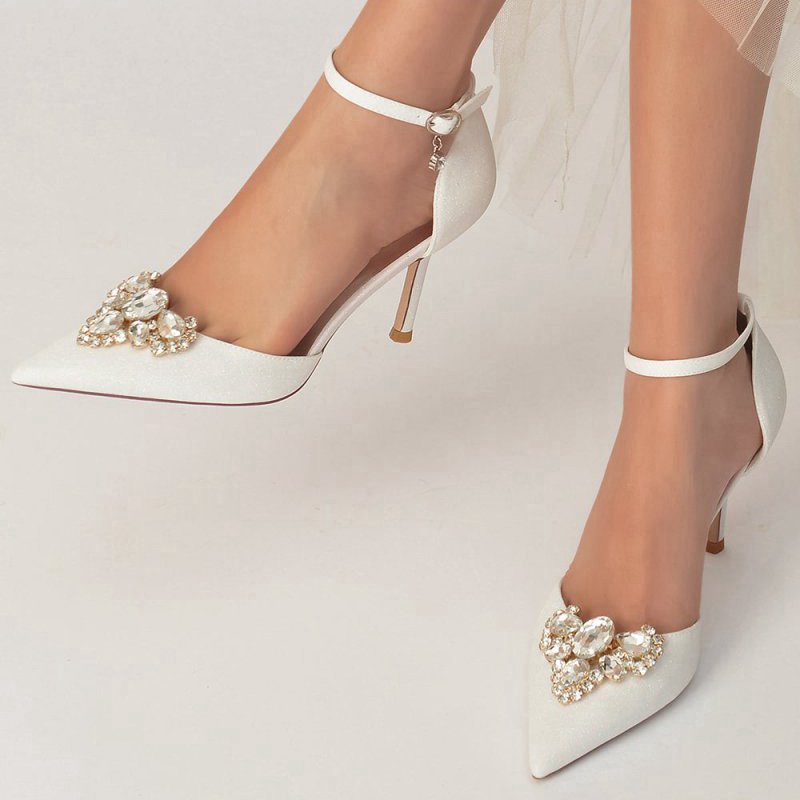 Pointed Toe Glitter Ankle Strap Rhinestone High Heels