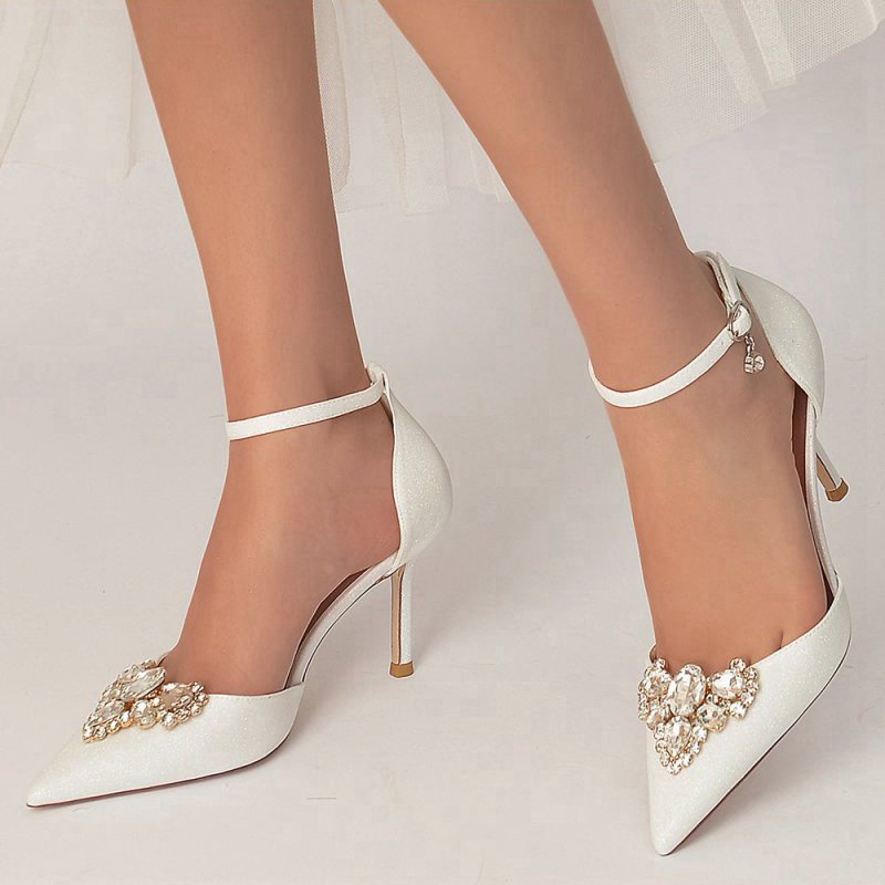 Pointed Toe Glitter Ankle Strap Rhinestone High Heels
