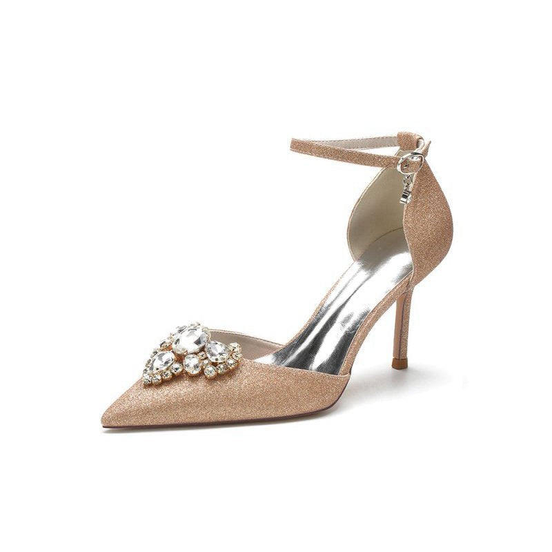 Pointed Toe Glitter Ankle Strap Rhinestone High Heels