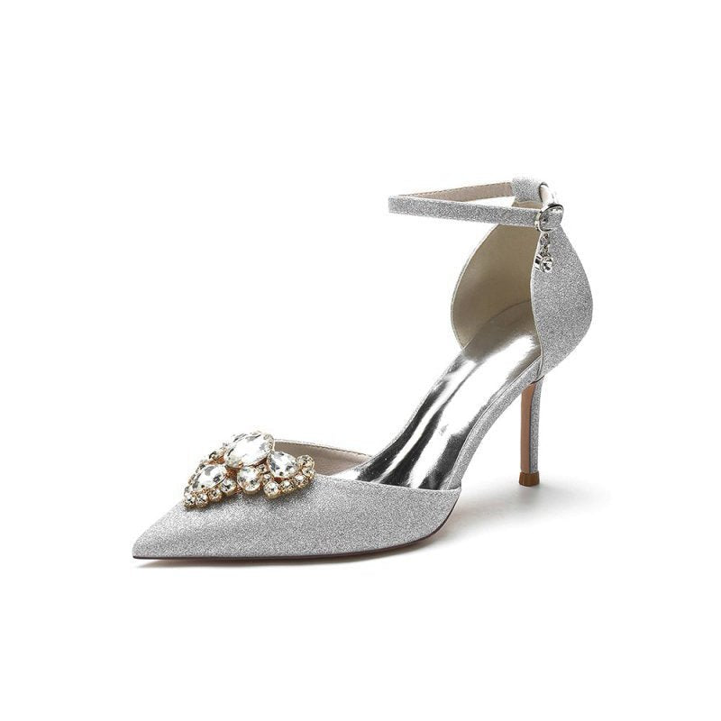 Pointed Toe Glitter Ankle Strap Rhinestone High Heels