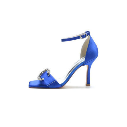 Square Open Toe Crystal Buckle Strap Chunky Heels