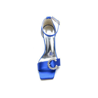 Square Open Toe Crystal Buckle Strap Chunky Heels