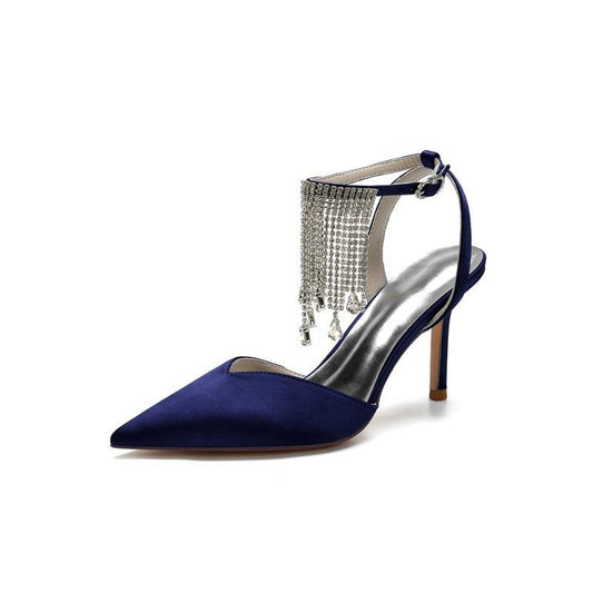 Pointed Toe Crystal Tassel Strap Heels