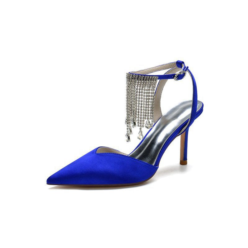 Pointed Toe Crystal Tassel Strap Heels