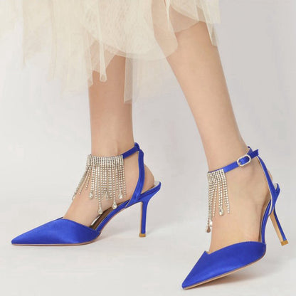 Pointed Toe Crystal Tassel Strap Heels