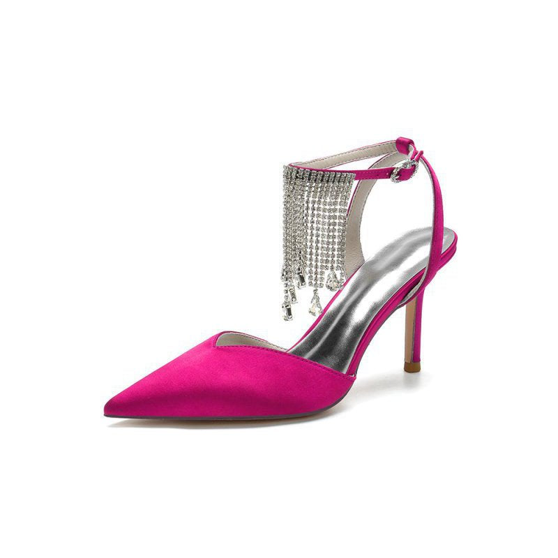 Pointed Toe Crystal Tassel Strap Heels
