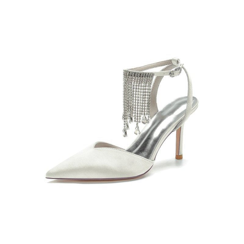 Pointed Toe Crystal Tassel Strap Heels