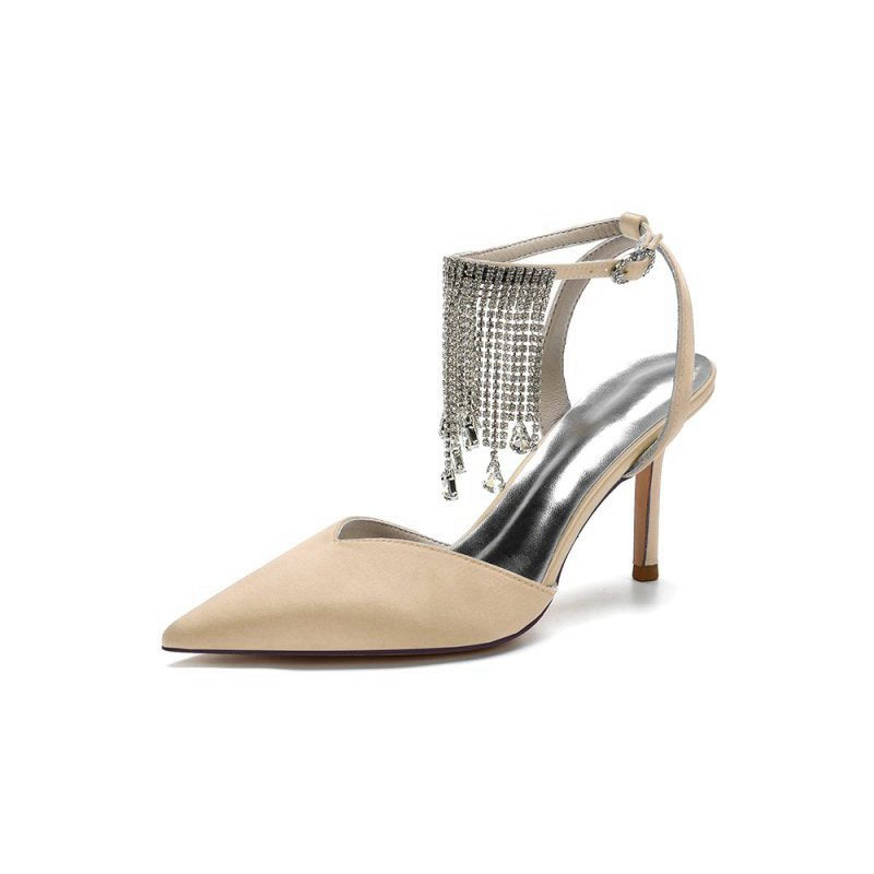 Pointed Toe Crystal Tassel Strap Heels