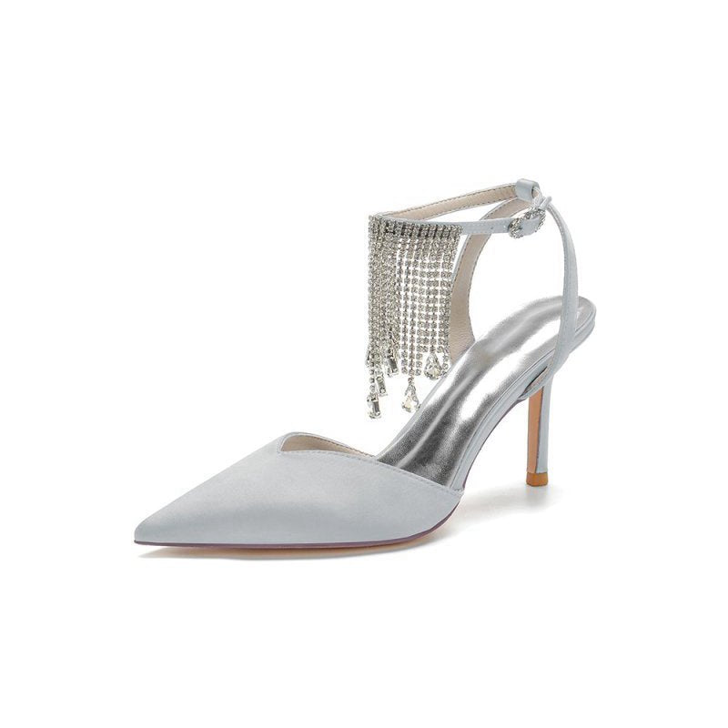 Pointed Toe Crystal Tassel Strap Heels