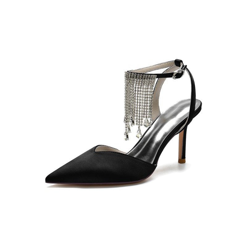 Pointed Toe Crystal Tassel Strap Heels
