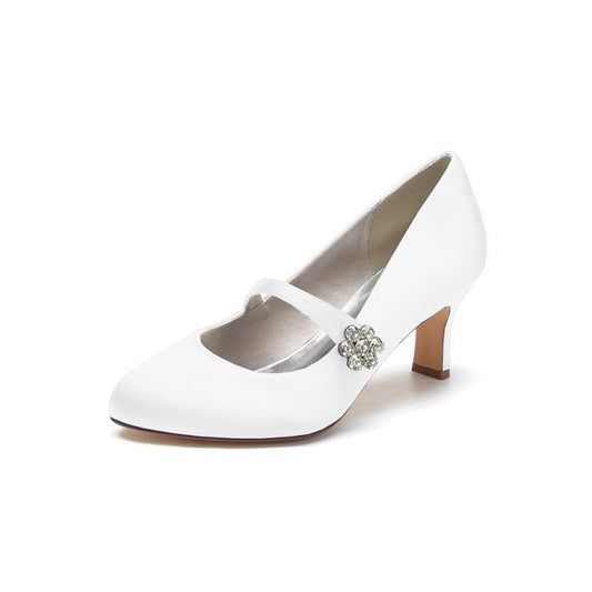 Round Toe Crystal Buckle Strap Chunky Heels