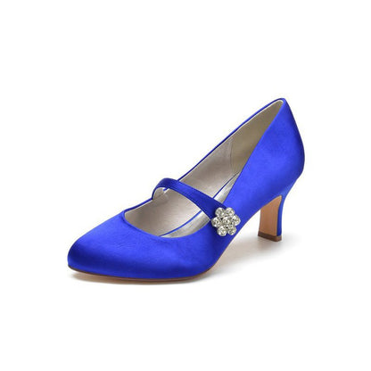 Round Toe Crystal Buckle Strap Chunky Heels