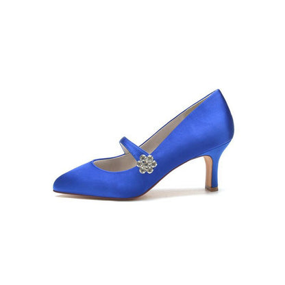 Round Toe Crystal Buckle Strap Chunky Heels