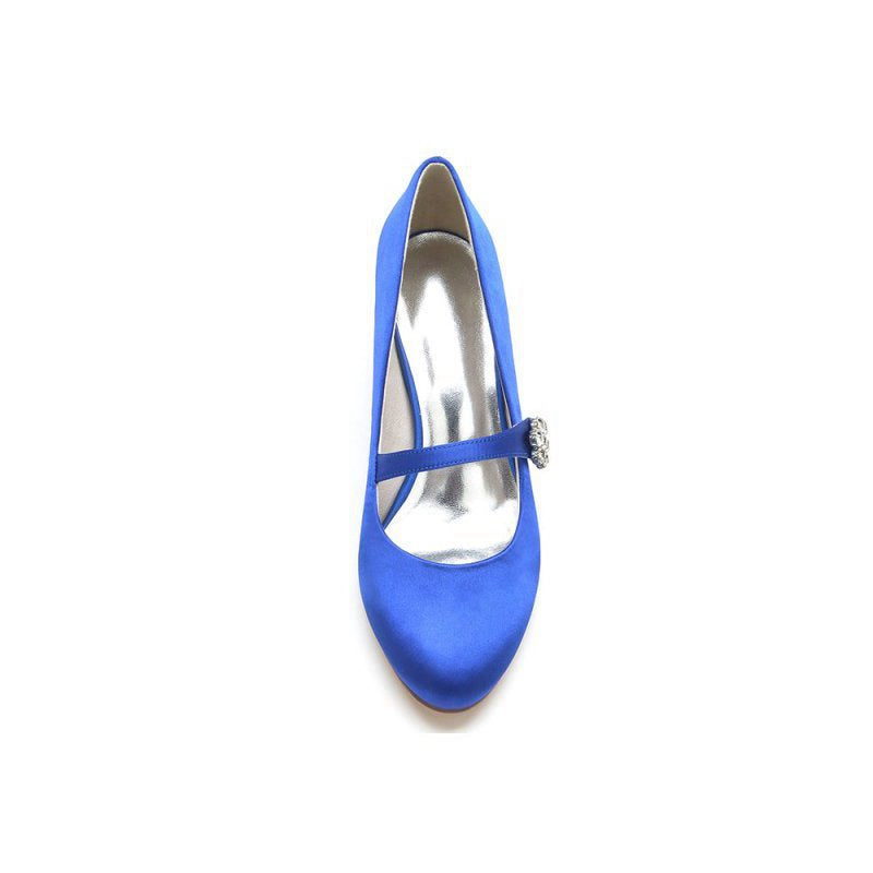 Round Toe Crystal Buckle Strap Chunky Heels